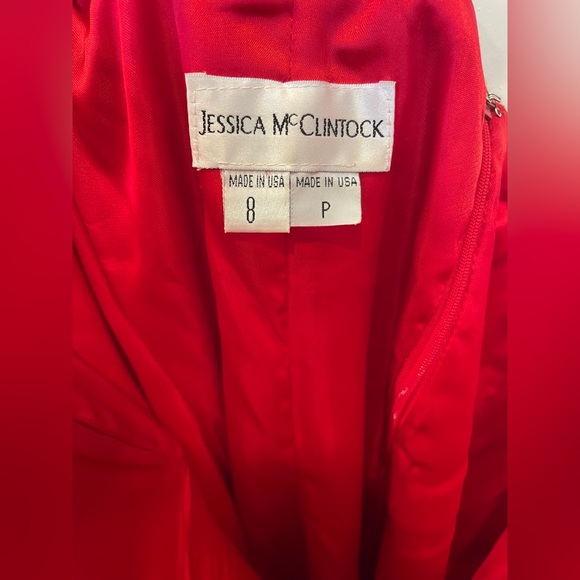 Vintage Jessica McClintock Satin Red Embroidered Strapless Formal Evening Gown - Picture 3 of 4
